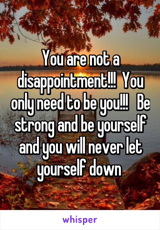 You are not a disappointment!!!  You only need to be you!!!   Be strong and be yourself and you will never let yourself down 