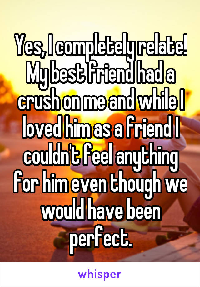 Yes, I completely relate! My best friend had a crush on me and while I loved him as a friend I couldn't feel anything for him even though we would have been perfect.