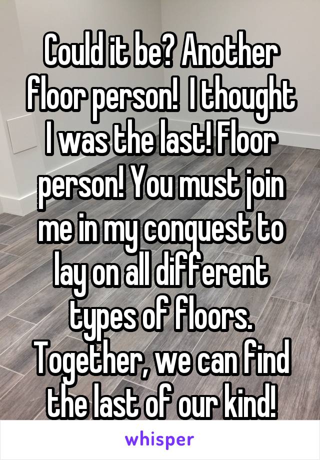 Could it be? Another floor person!  I thought I was the last! Floor person! You must join me in my conquest to lay on all different types of floors. Together, we can find the last of our kind!