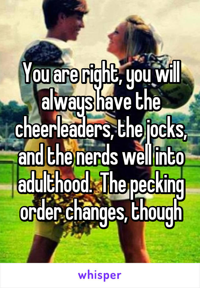 You are right, you will always have the cheerleaders, the jocks, and the nerds well into adulthood.  The pecking order changes, though