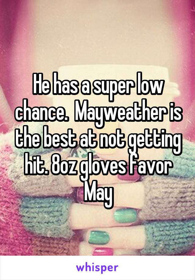 He has a super low chance.  Mayweather is the best at not getting hit. 8oz gloves favor May