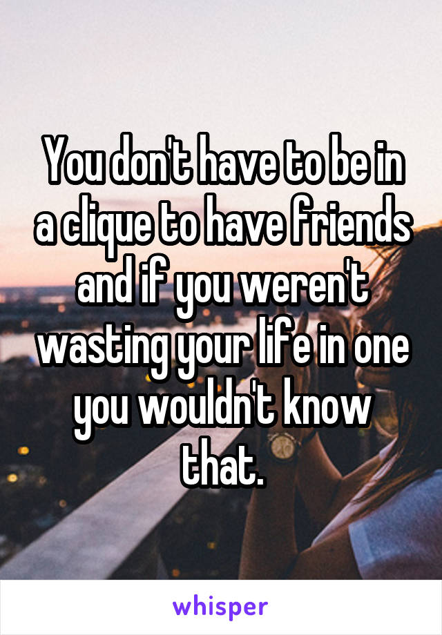 You don't have to be in a clique to have friends and if you weren't wasting your life in one you wouldn't know that.