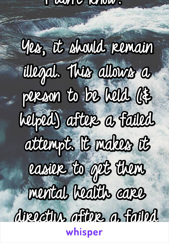 I don't know. 

Yes, it should remain illegal. This allows a person to be held (& helped) after a failed attempt. It makes it easier to get them mental health care directly after a failed attempt. 
