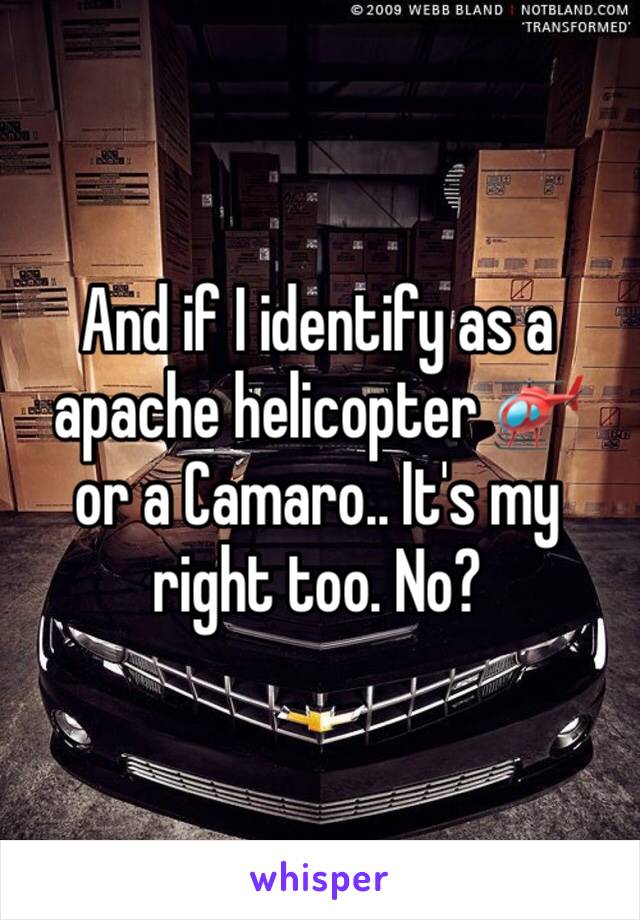 And if I identify as a apache helicopter 🚁  or a Camaro.. It's my right too. No? 