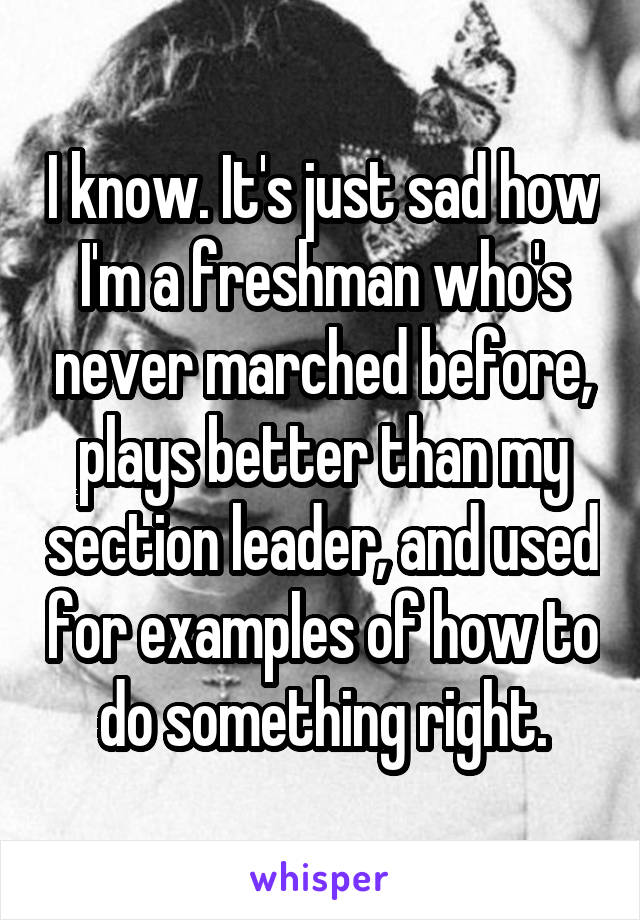 I know. It's just sad how I'm a freshman who's never marched before, plays better than my section leader, and used for examples of how to do something right.