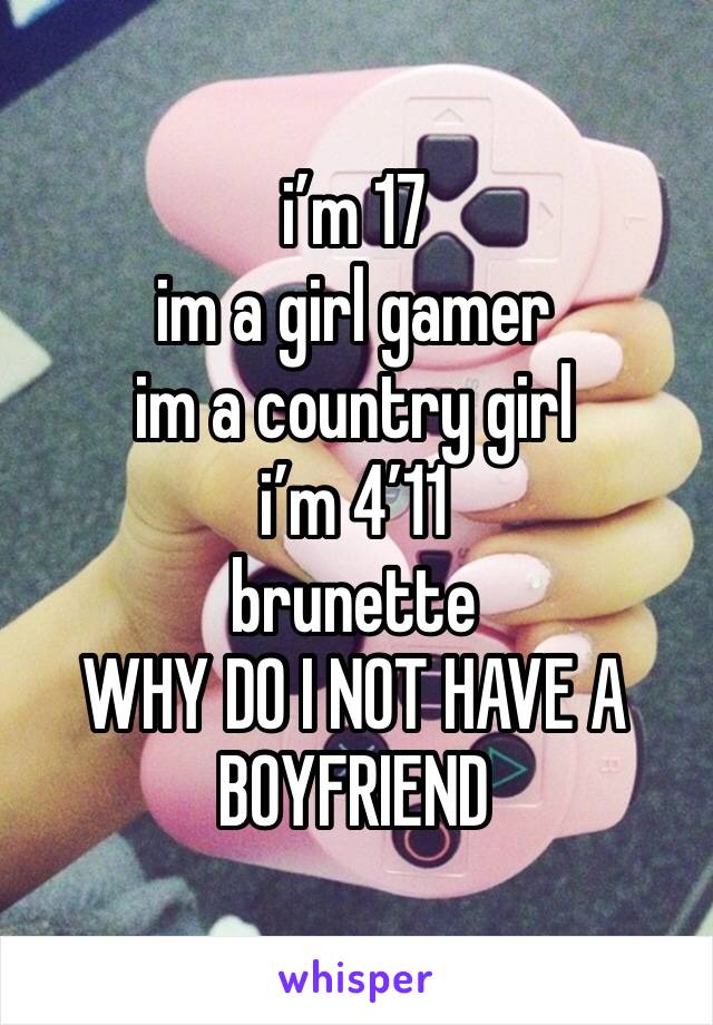 i’m 17 
im a girl gamer 
im a country girl
i’m 4’11
brunette 
WHY DO I NOT HAVE A BOYFRIEND 