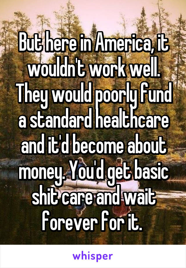 But here in America, it wouldn't work well. They would poorly fund a standard healthcare and it'd become about money. You'd get basic shit care and wait forever for it. 
