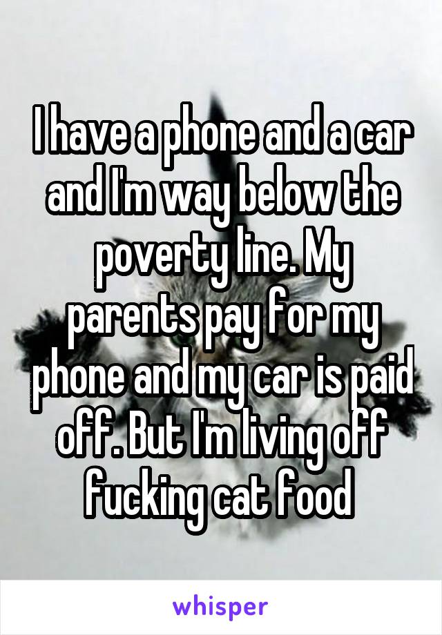 I have a phone and a car and I'm way below the poverty line. My parents pay for my phone and my car is paid off. But I'm living off fucking cat food 