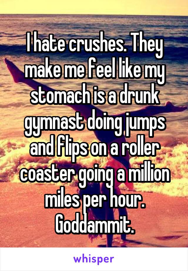 I hate crushes. They make me feel like my stomach is a drunk gymnast doing jumps and flips on a roller coaster going a million miles per hour. Goddammit.