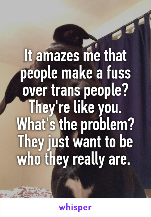 It amazes me that people make a fuss over trans people? They're like you. What's the problem? They just want to be who they really are. 