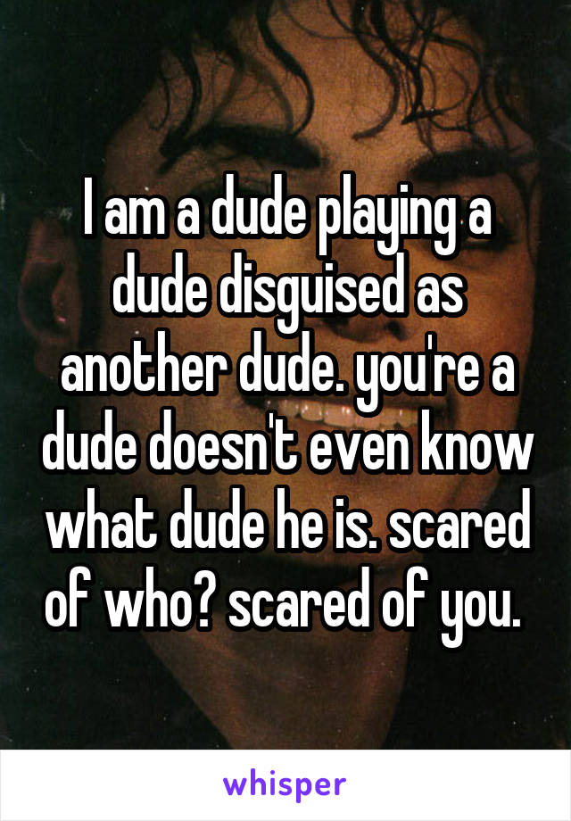 I am a dude playing a dude disguised as another dude. you're a dude doesn't even know what dude he is. scared of who? scared of you. 