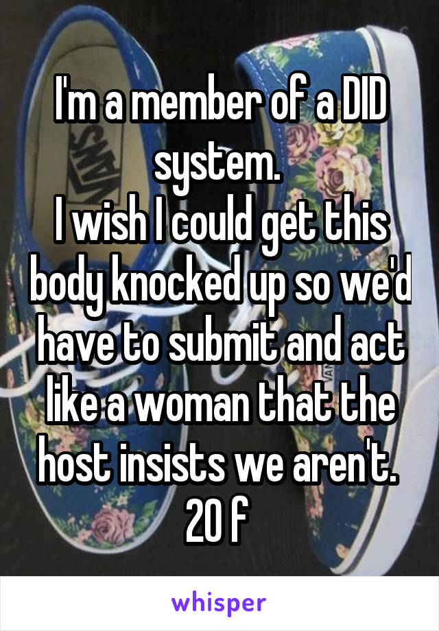 I'm a member of a DID system. 
I wish I could get this body knocked up so we'd have to submit and act like a woman that the host insists we aren't. 
20 f 