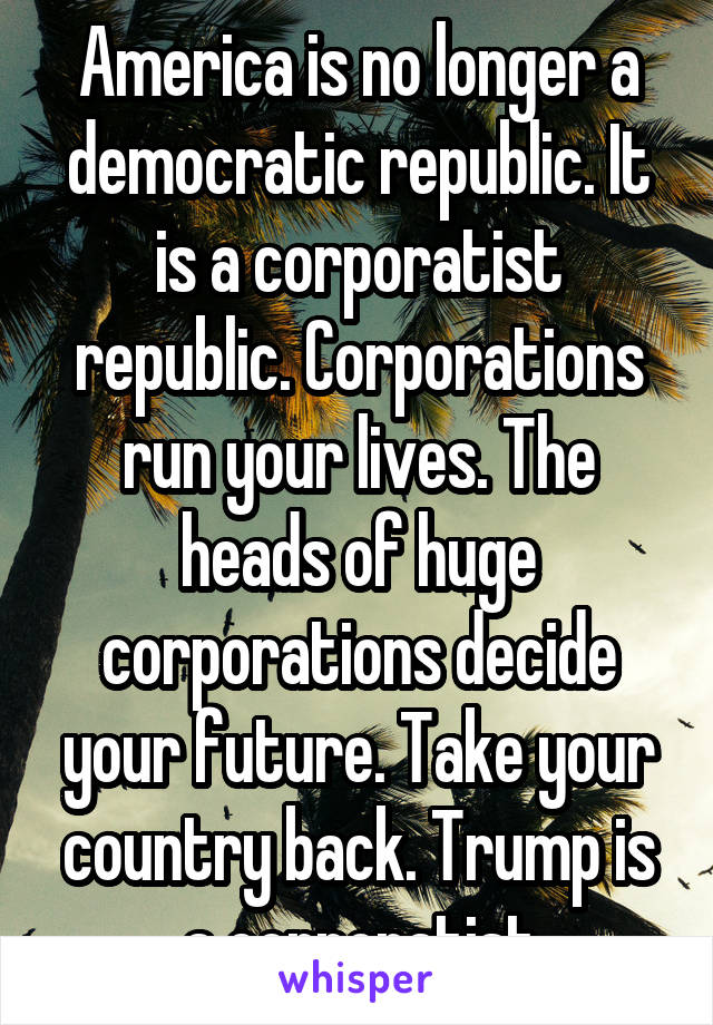 America is no longer a democratic republic. It is a corporatist republic. Corporations run your lives. The heads of huge corporations decide your future. Take your country back. Trump is a corporatist