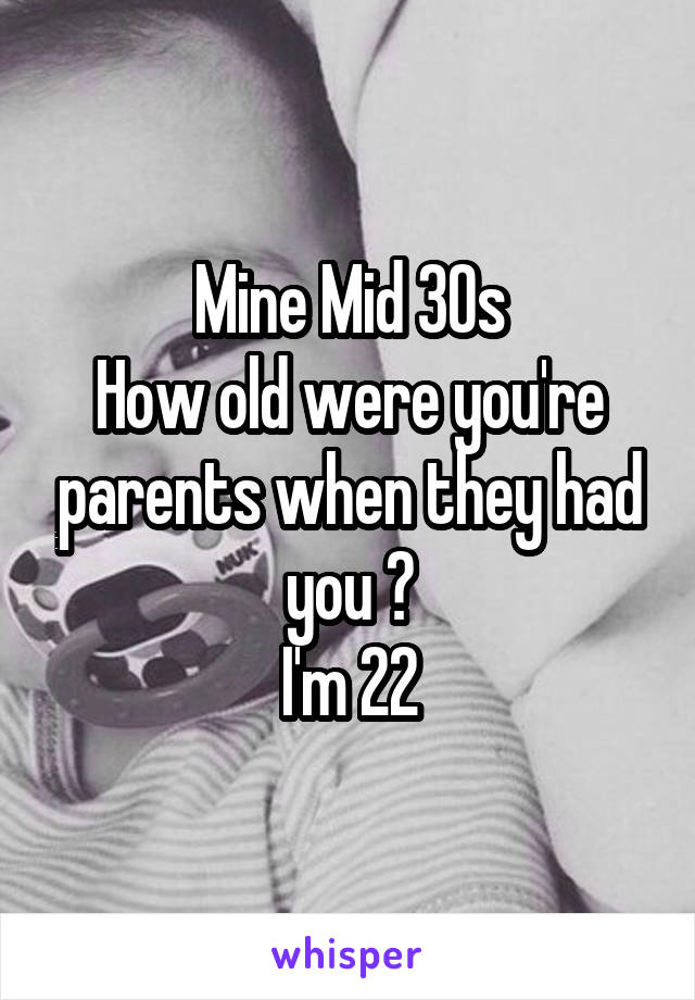 Mine Mid 30s
How old were you're parents when they had you ?
I'm 22