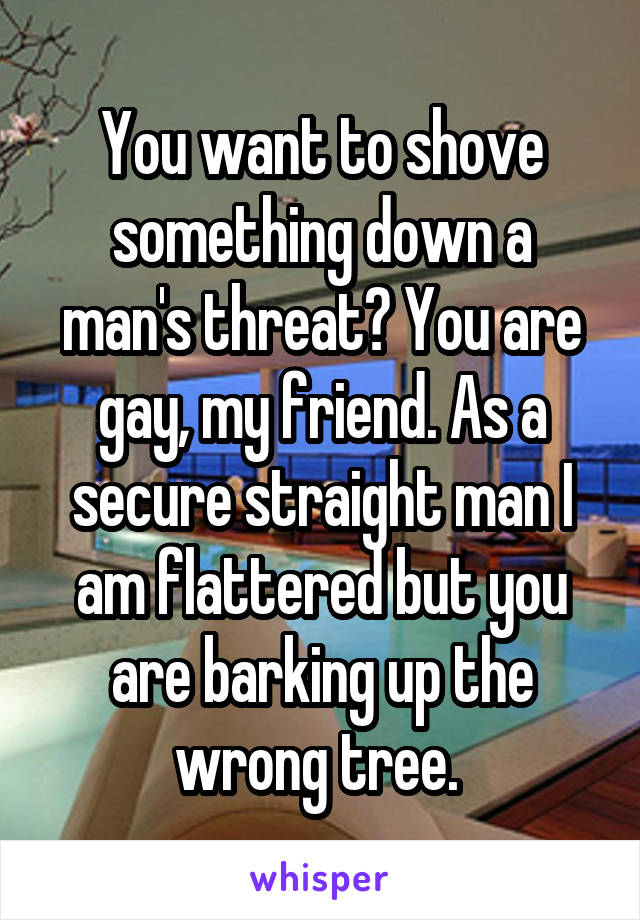 You want to shove something down a man's threat? You are gay, my friend. As a secure straight man I am flattered but you are barking up the wrong tree. 