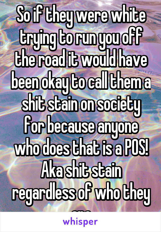 So if they were white trying to run you off the road it would have been okay to call them a shit stain on society for because anyone who does that is a POS! Aka shit stain regardless of who they are