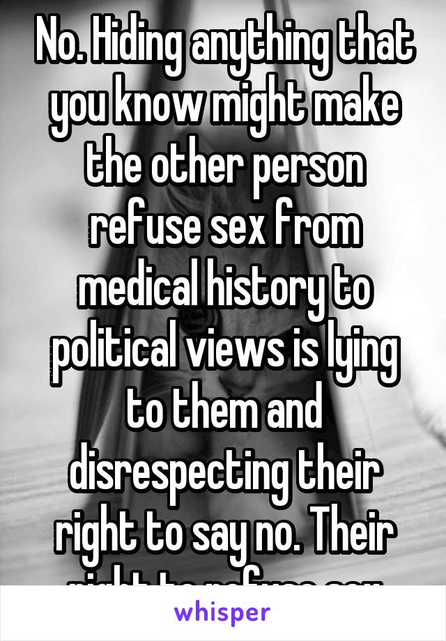 No. Hiding anything that you know might make the other person refuse sex from medical history to political views is lying to them and disrespecting their right to say no. Their right to refuse sex