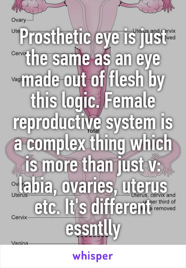 Prosthetic eye is just the same as an eye made out of flesh by this logic. Female reproductive system is a complex thing which is more than just v: labia, ovaries, uterus etc. It's different essntlly