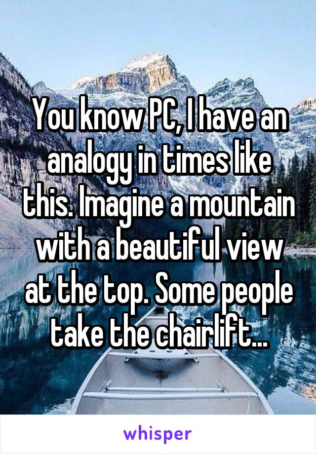 You know PC, I have an analogy in times like this. Imagine a mountain with a beautiful view at the top. Some people take the chairlift...