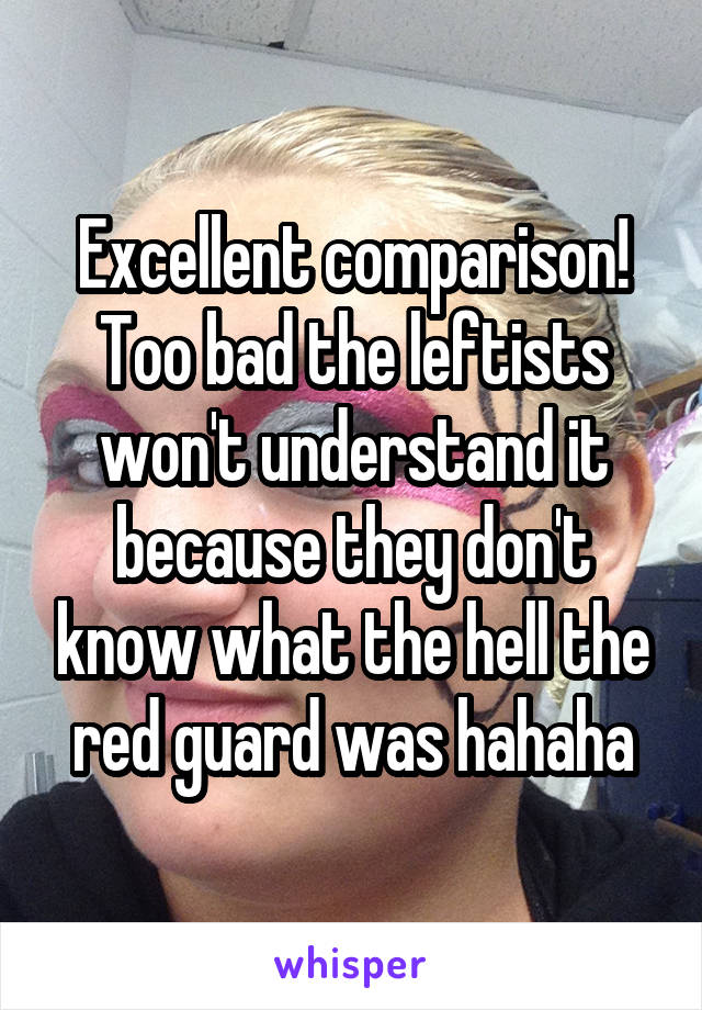 Excellent comparison! Too bad the leftists won't understand it because they don't know what the hell the red guard was hahaha