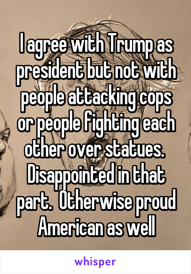 I agree with Trump as president but not with people attacking cops or people fighting each other over statues.  Disappointed in that part.  Otherwise proud American as well