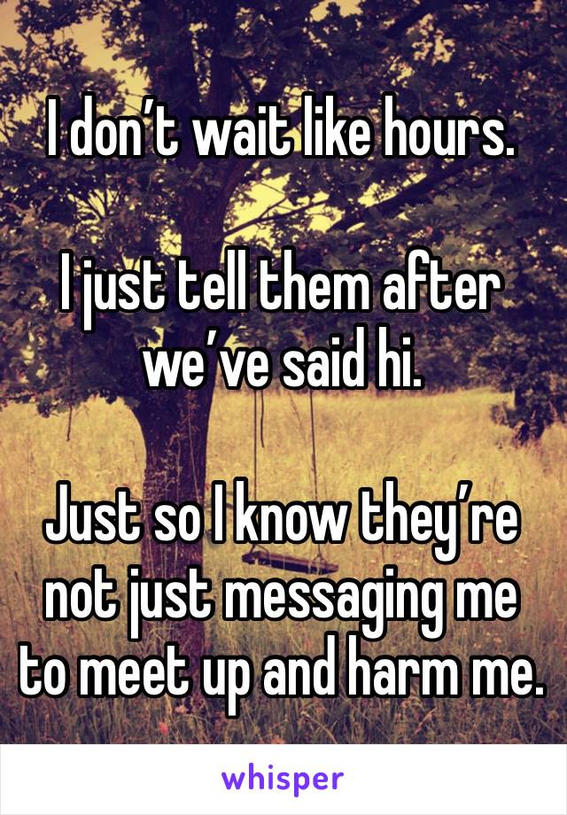 I don’t wait like hours.

I just tell them after we’ve said hi.

Just so I know they’re not just messaging me to meet up and harm me.