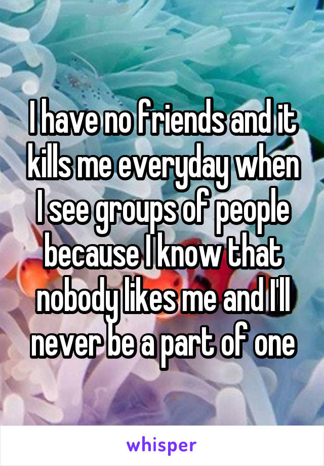 I have no friends and it kills me everyday when I see groups of people because I know that nobody likes me and I'll never be a part of one