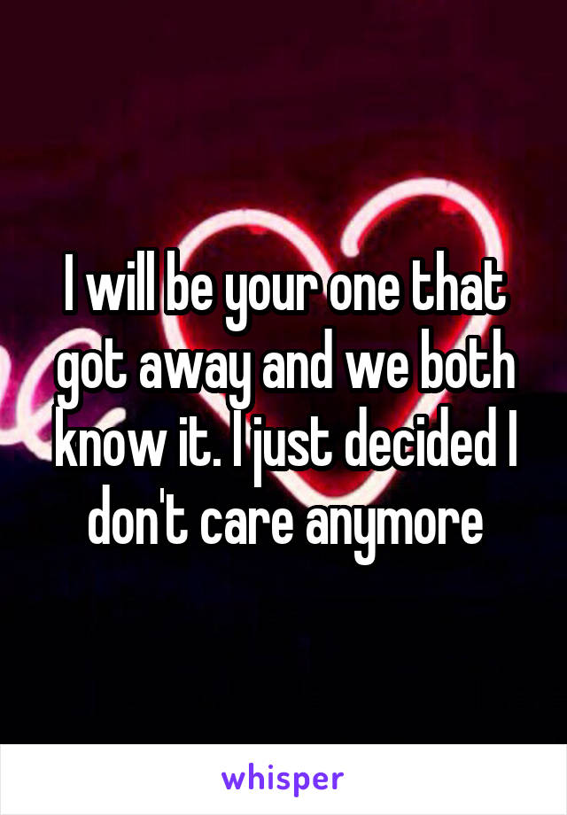 I will be your one that got away and we both know it. I just decided I don't care anymore
