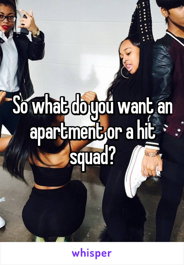 So what do you want an apartment or a hit squad?