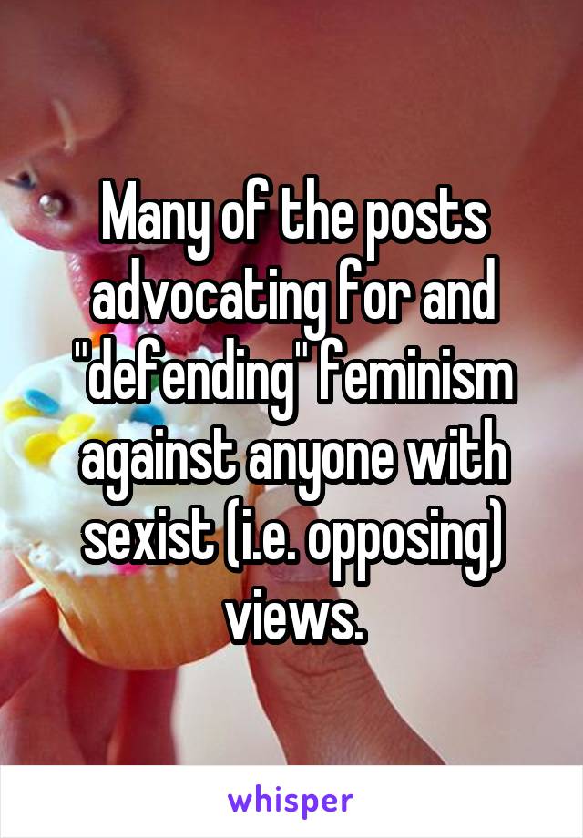 Many of the posts advocating for and "defending" feminism against anyone with sexist (i.e. opposing) views.