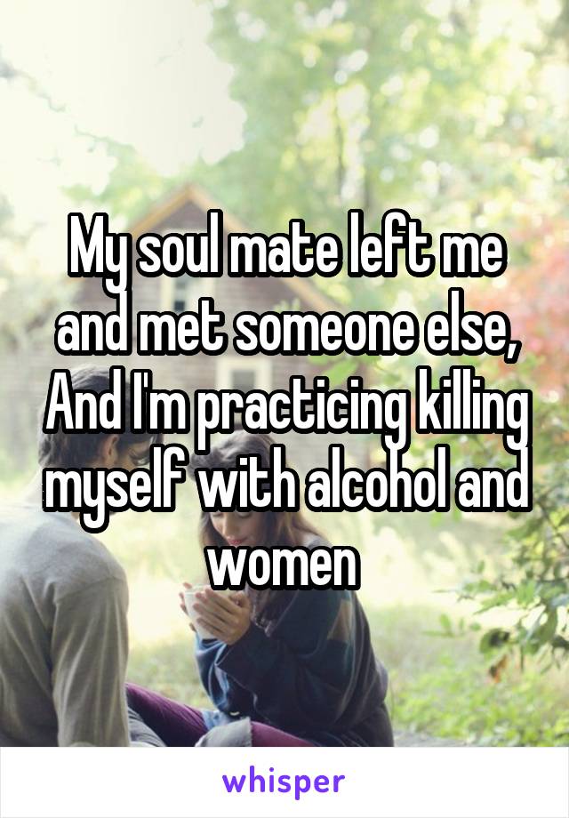 My soul mate left me and met someone else, And I'm practicing killing myself with alcohol and women 