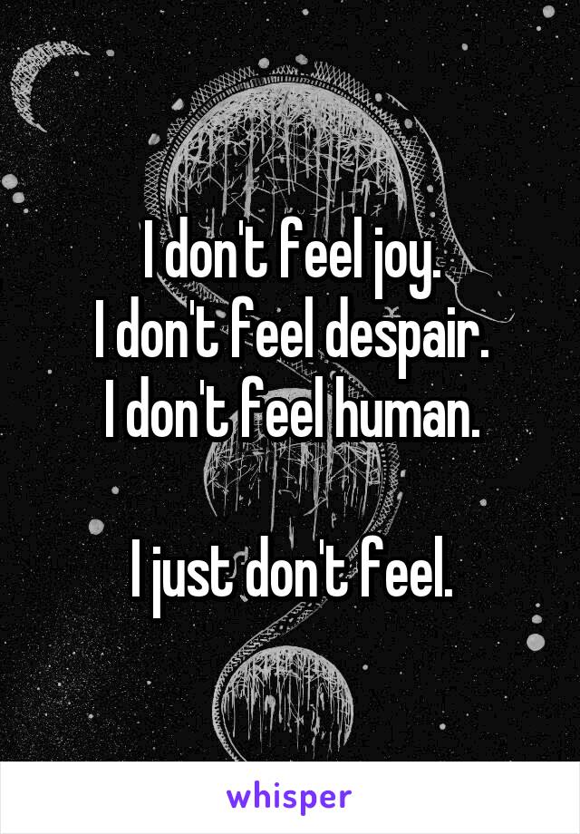 I don't feel joy.
I don't feel despair.
I don't feel human.

I just don't feel.