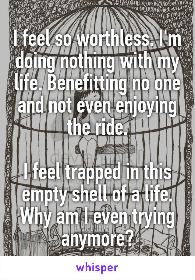 I feel so worthless. I'm doing nothing with my life. Benefitting no one and not even enjoying the ride.

I feel trapped in this empty shell of a life.
Why am I even trying anymore?