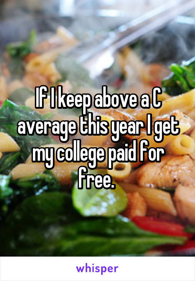 If I keep above a C average this year I get my college paid for free. 