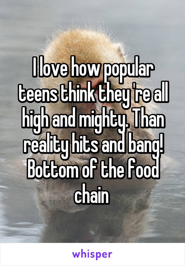 I love how popular teens think they 're all high and mighty. Than reality hits and bang! Bottom of the food chain 