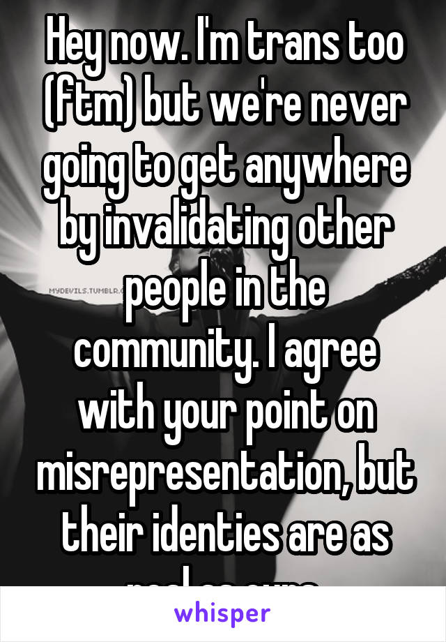Hey now. I'm trans too (ftm) but we're never going to get anywhere by invalidating other people in the community. I agree with your point on misrepresentation, but their identies are as real as ours.