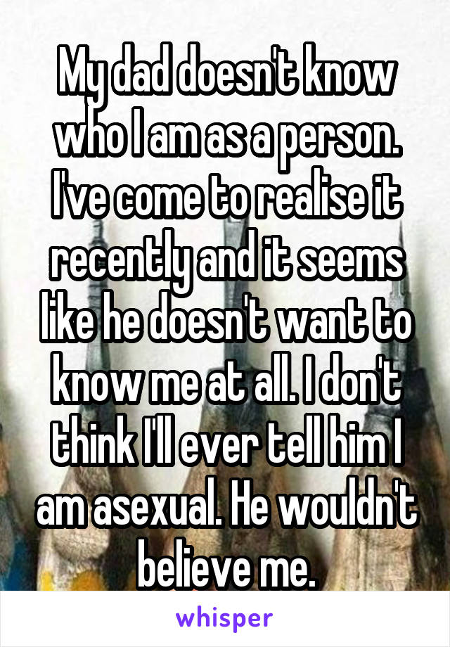 My dad doesn't know who I am as a person. I've come to realise it recently and it seems like he doesn't want to know me at all. I don't think I'll ever tell him I am asexual. He wouldn't believe me.