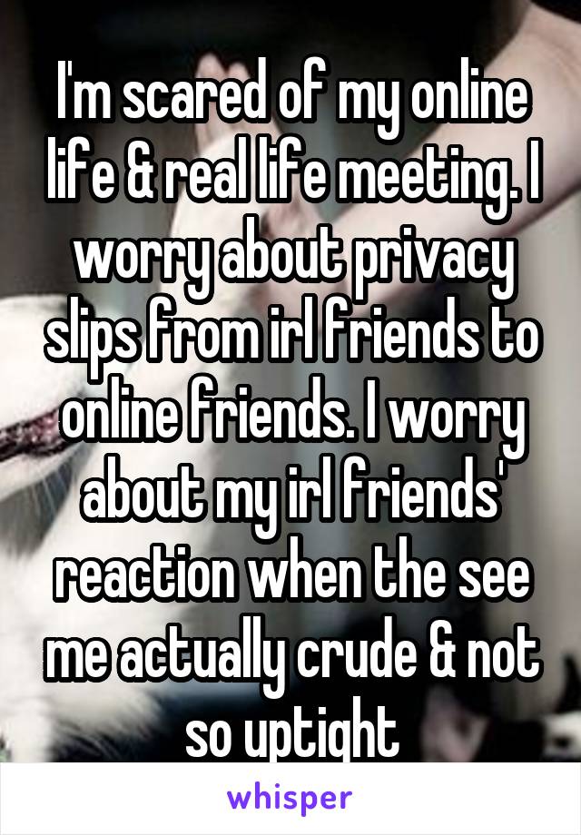 I'm scared of my online life & real life meeting. I worry about privacy slips from irl friends to online friends. I worry about my irl friends' reaction when the see me actually crude & not so uptight