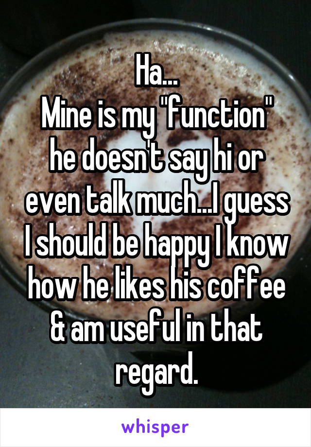 Ha...
Mine is my "function" he doesn't say hi or even talk much...I guess I should be happy I know how he likes his coffee & am useful in that regard.