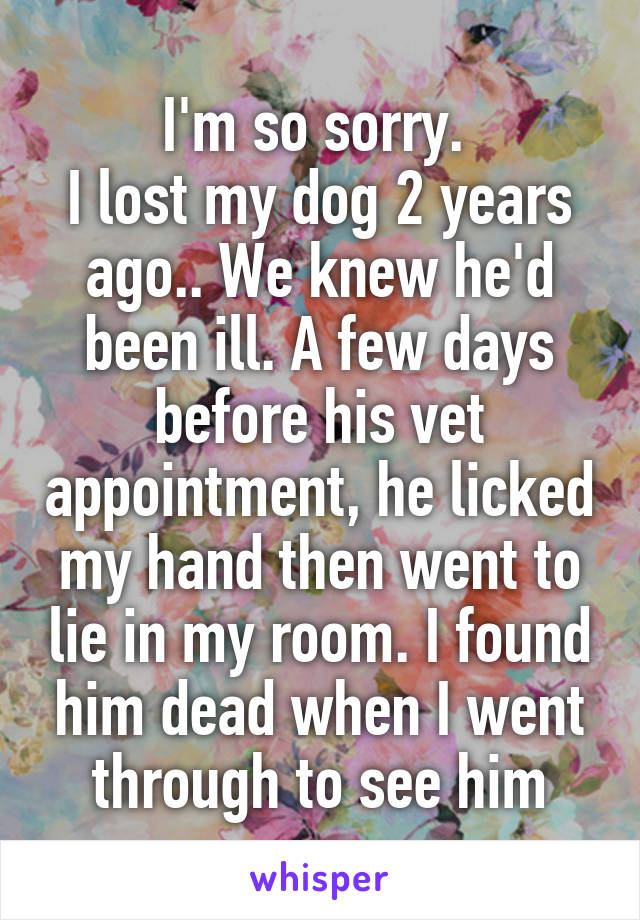 I'm so sorry. 
I lost my dog 2 years ago.. We knew he'd been ill. A few days before his vet appointment, he licked my hand then went to lie in my room. I found him dead when I went through to see him