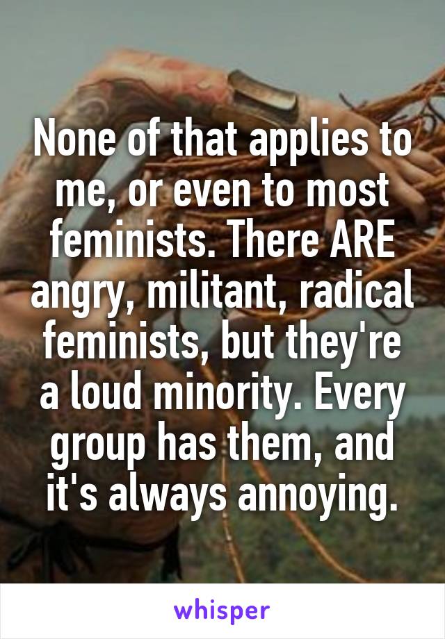 None of that applies to me, or even to most feminists. There ARE angry, militant, radical feminists, but they're a loud minority. Every group has them, and it's always annoying.