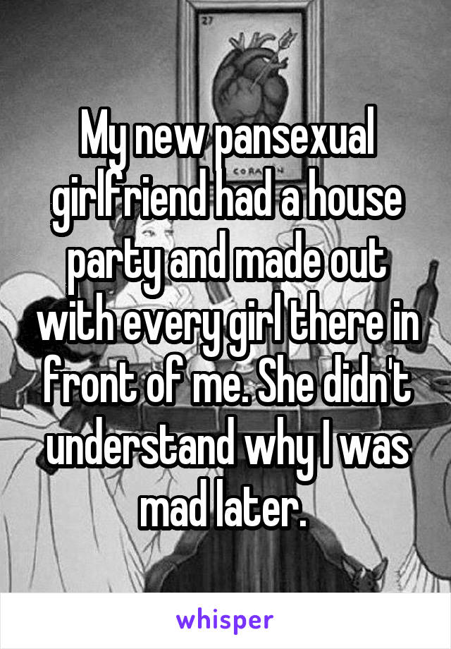 My new pansexual girlfriend had a house party and made out with every girl there in front of me. She didn't understand why I was mad later. 