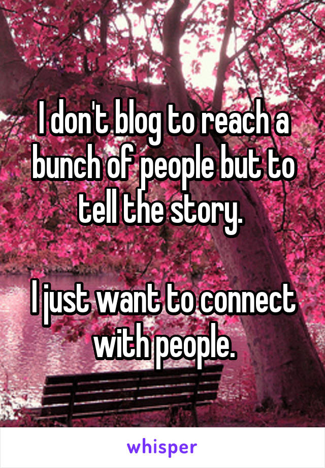 I don't blog to reach a bunch of people but to tell the story. 

I just want to connect with people.