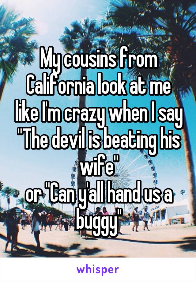 My cousins from California look at me like I'm crazy when I say "The devil is beating his wife"
or "Can y'all hand us a buggy"