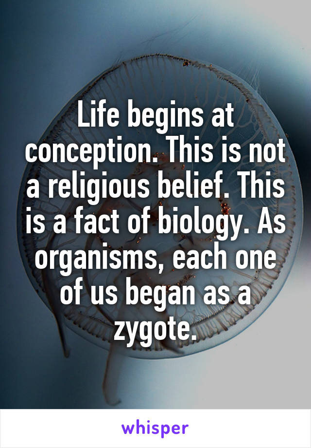 Life begins at conception. This is not a religious belief. This is a fact of biology. As organisms, each one of us began as a zygote.