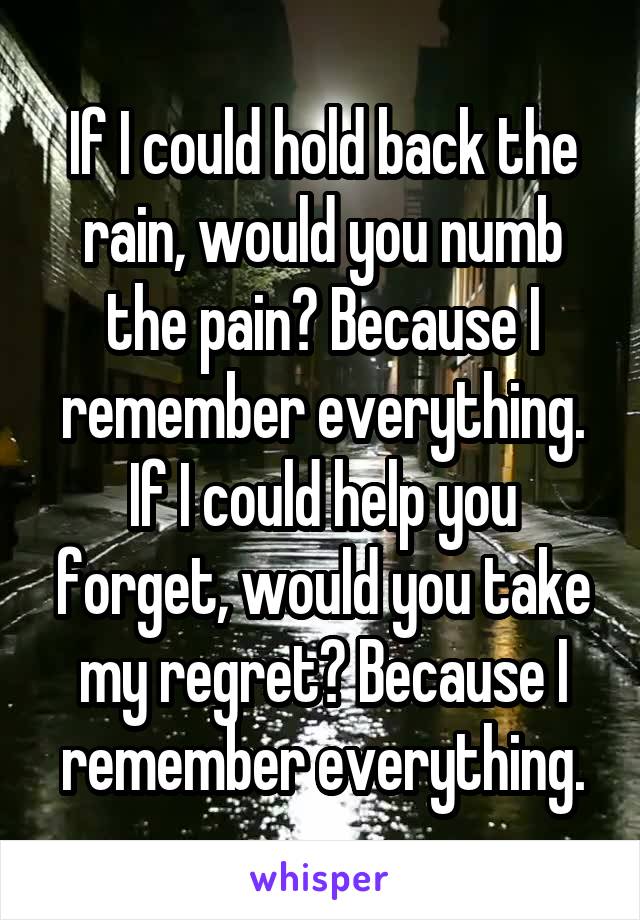 If I could hold back the rain, would you numb the pain? Because I remember everything. If I could help you forget, would you take my regret? Because I remember everything.