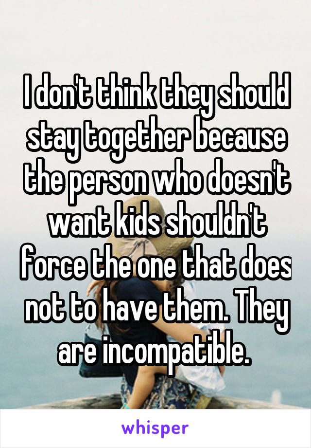 I don't think they should stay together because the person who doesn't want kids shouldn't force the one that does not to have them. They are incompatible. 