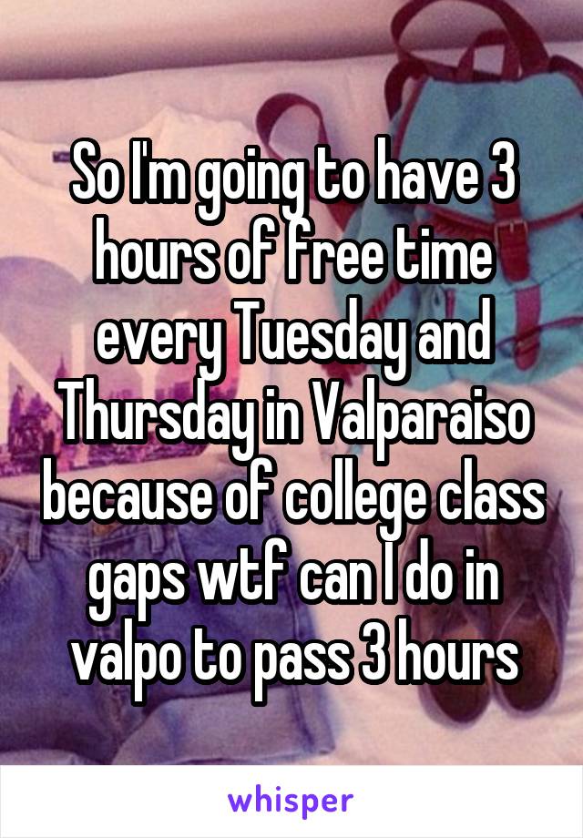 So I'm going to have 3 hours of free time every Tuesday and Thursday in Valparaiso because of college class gaps wtf can I do in valpo to pass 3 hours