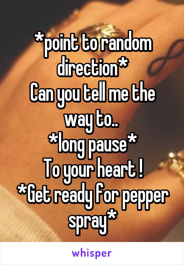 *point to random direction*
Can you tell me the way to.. 
*long pause*
To your heart !
*Get ready for pepper spray*