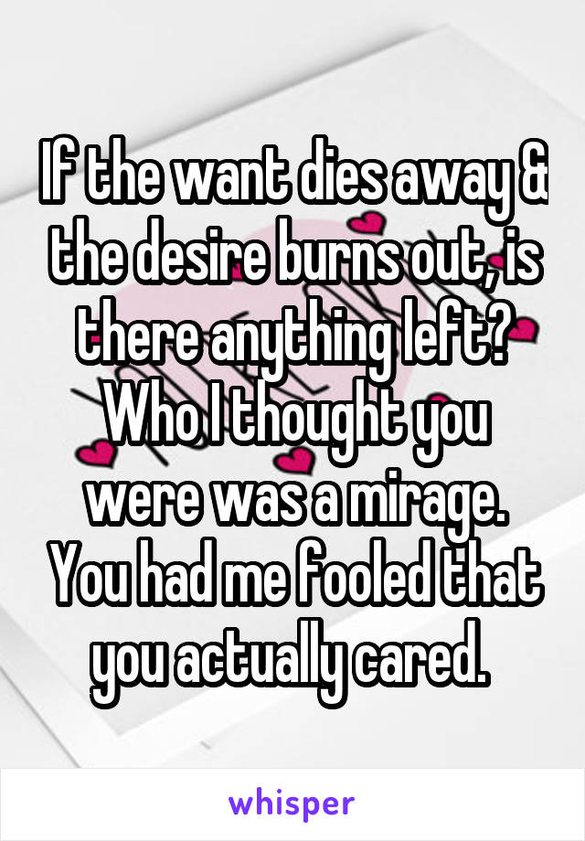 If the want dies away & the desire burns out, is there anything left? Who I thought you were was a mirage. You had me fooled that you actually cared. 